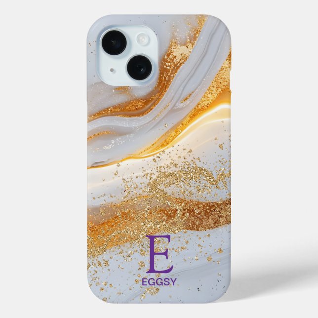 Coques Case-Mate iPhone White marble chic gold glitter monogram (Verso)