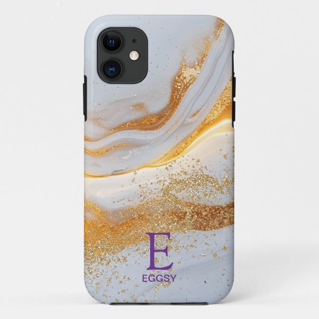 Coques Case-Mate iPhone White marble chic gold glitter monogram (Dos)
