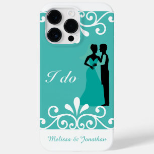 Coque Pour Pour iPhone 14 Pro Max White Swirls Bride Groom Turquoise Mariage élégant