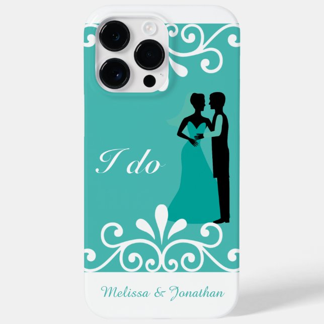 Coques Case-Mate iPhone White Swirls Bride Groom Turquoise Mariage élégant (Verso)