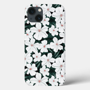 iPhone 13 Case White Tropical Flowers Pattern