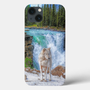 iPhone 13 Coque White Wolf & Rocky Mountain Waterfall Wildlife Art