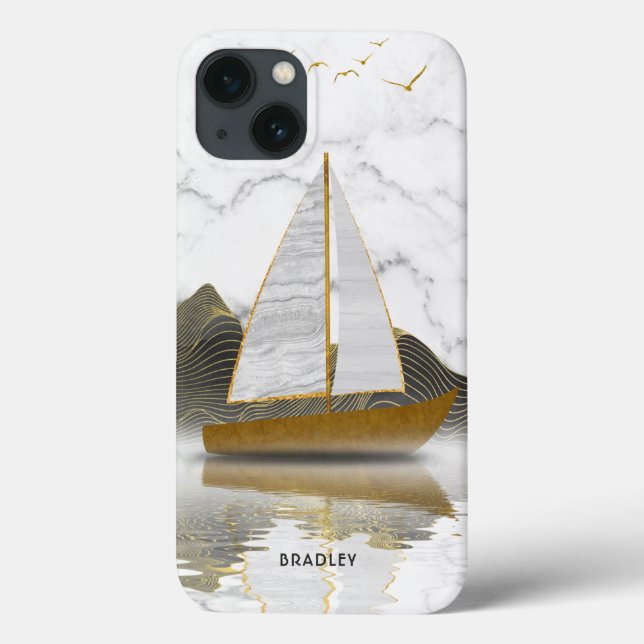 Coques Case-Mate iPhone Yacht Voilier Design Moderne Marbre Or Nom (Verso)