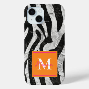 Coque Pour iPhone 15 Zèbre Artistique Gris Orange & Monogramme Rose Cha