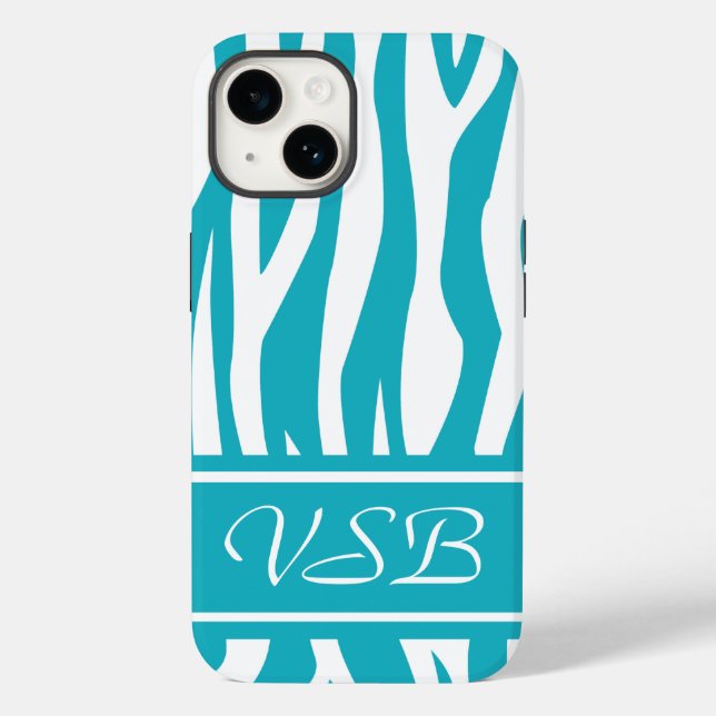Coques Case-Mate iPhone Zèbre Turquoise Impression avec monogramme (Verso)