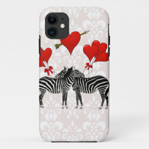 Coque Case-Mate Pour iPhone Zèbres et coeurs sur damas rose