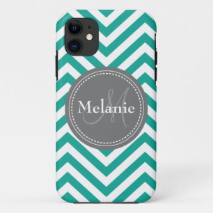 Coques Pour iPhone Zigzag Turquoise monogramme bleu et gris