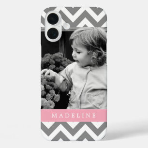 Coques iPhone 16 Plus Zigzags gris et rose Photo personnalisée
