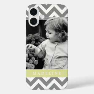 Coques iPhone 16 Plus Zigzags gris et vert Photo personnalisée