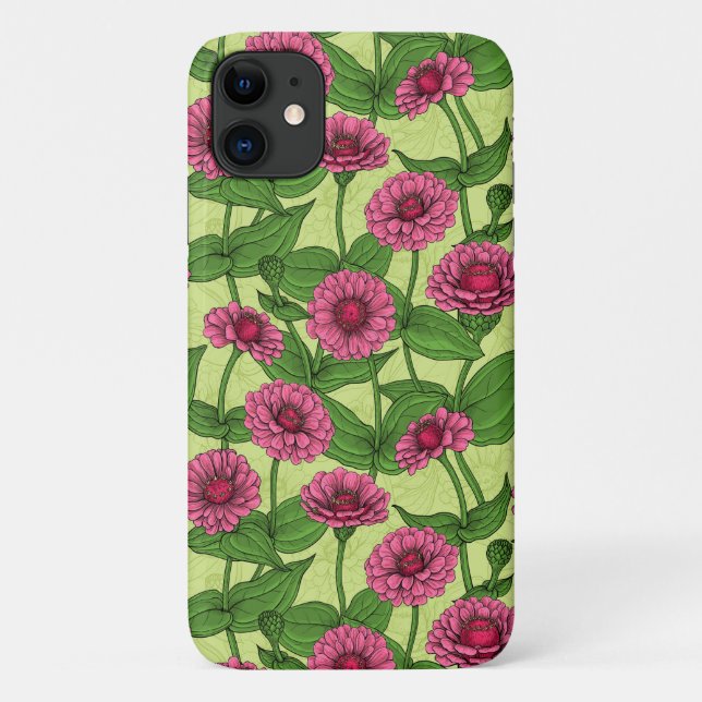 Coques Case-Mate iPhone Zinnias rose sur vert clair (Dos)