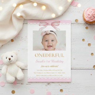 Coquette 1st Birthday Invitations Pink Bow Girl  Einladung