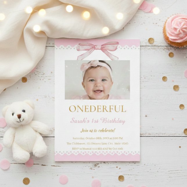 Coquette 1st Birthday Invitations Pink Bow Girl  Einladung (Von Creator hochgeladen)