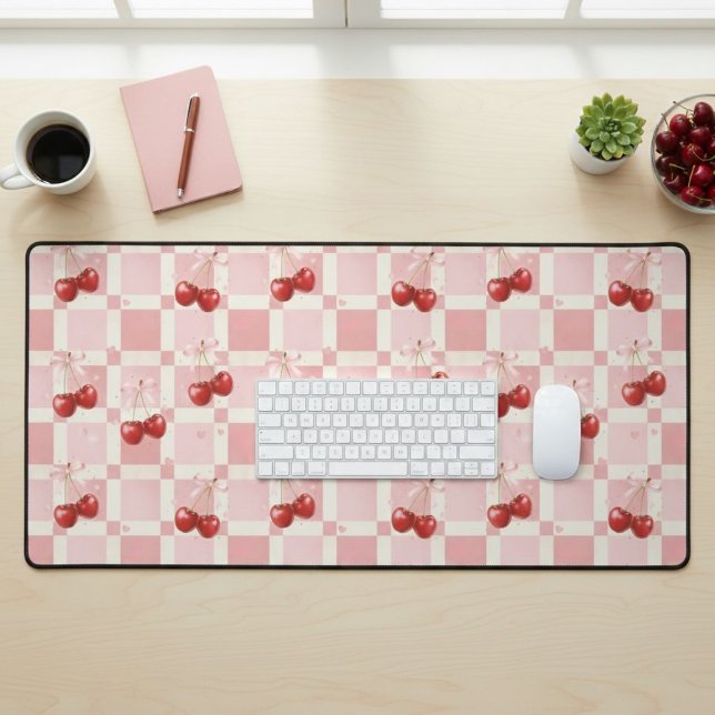 Coquette Aesthetic Desk Mat Cherry Red Bows Office (Créateur téléchargé)