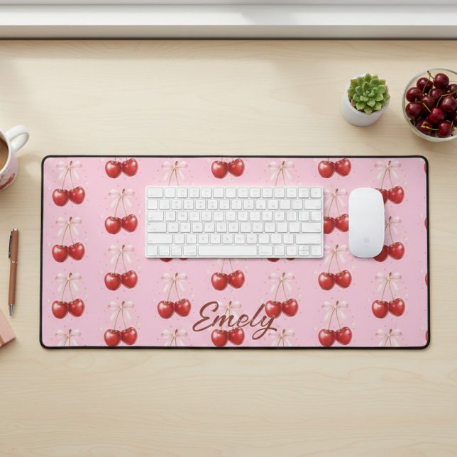 Coquette Aesthetic Desk Mat Cherry Red Bows Office (Créateur téléchargé)