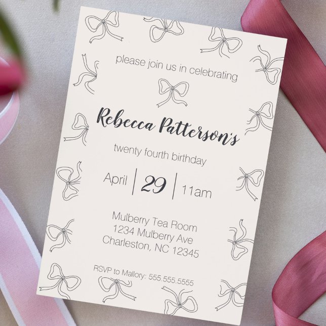 Coquette Ästhetische Schwarze Bow Niedliches Weibl Einladung (coquette aesthetic black bows pattern cute feminine party invite girly shabby chic tea party Bach )
