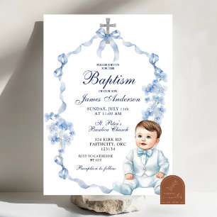 Coquette Baptême Bleu Fleur sauvage Invitation