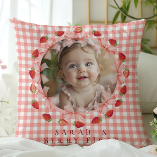 Coquette Berry Erster Geburtstag Rot Gingham Foto Kissen