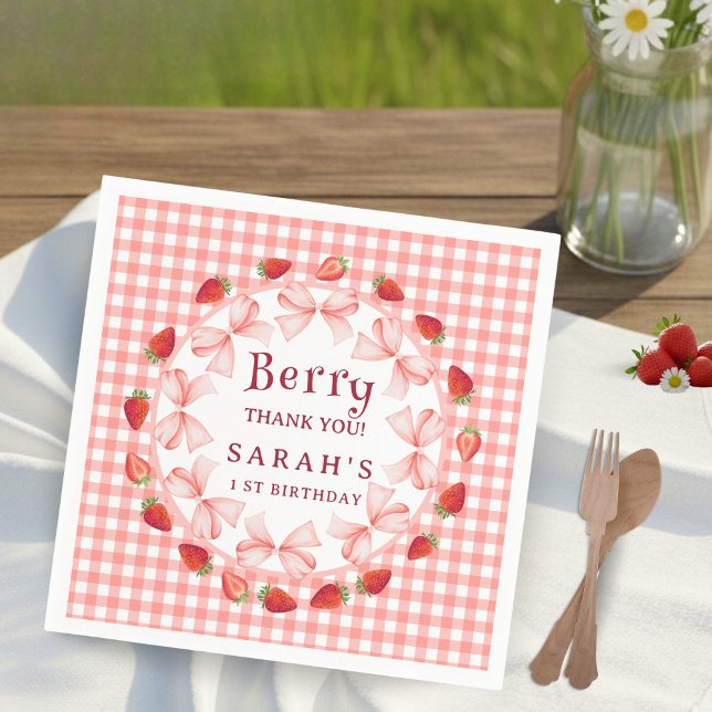 Coquette Berry First Birthday Red Gingham  Serviette (Coquette Berry First Birthday Red Gingham Napkins)