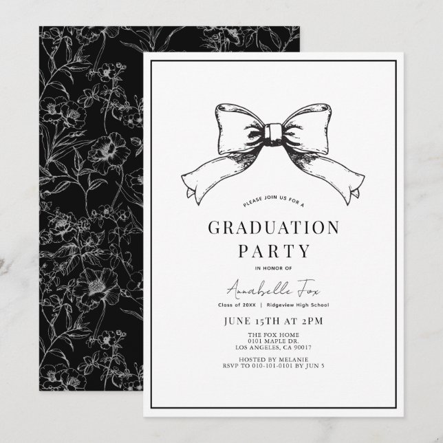 Coquette Black Bow Ribbon Graduierungspartei Einladung (Vorne/Hinten)