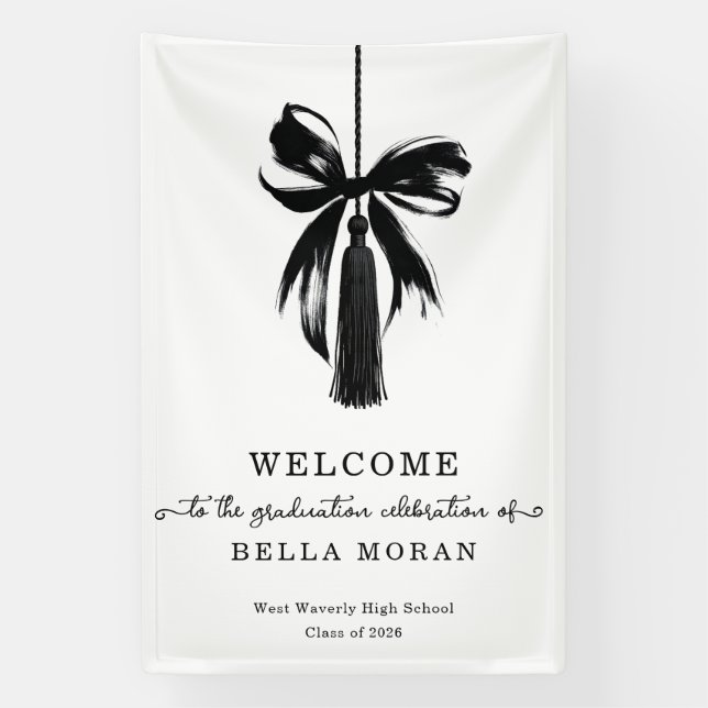 Coquette Black Bow & Tassel Graduation Party Sign Banner (Vertikal)