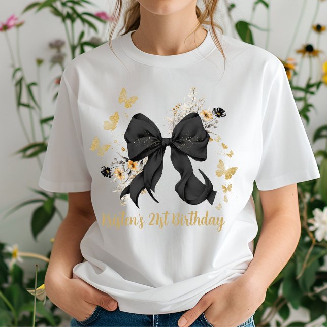 Coquette Black Bow Wildblumen Geburtstag T-Shirt (Elegant Black Bow Wildflowers tshirt)