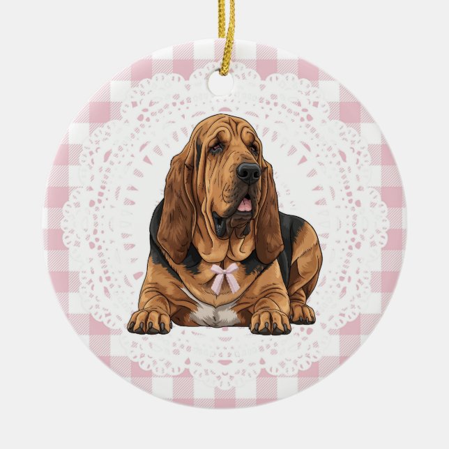 Coquette Bloodhound Dog Pink Gingham Bows Keramik Ornament (Vorne)