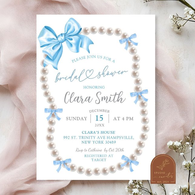 Coquette Blue Bow Pearl Bridal Showeuse Invitation (Créateur téléchargé)