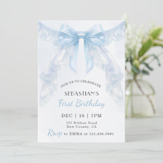 Coquette Blue Lace Bow Bow Boy Erster Geburtstag Einladung