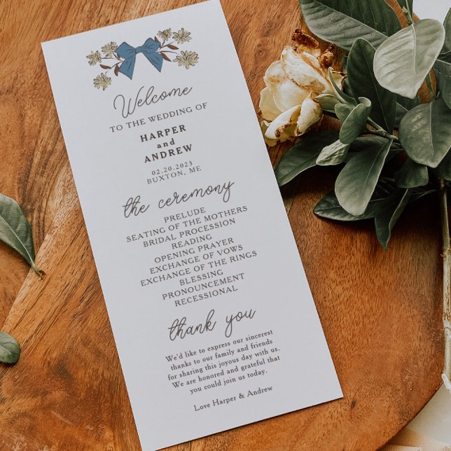 Coquette Blue Yellow Bows Hochzeitsprogramm Programm (Von Creator hochgeladen)