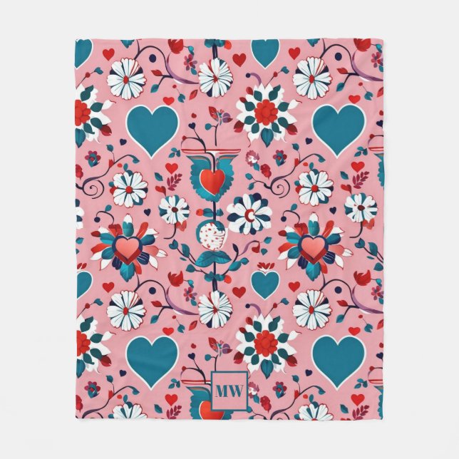 Coquette, Blumenmotiv und Herzmotiv Fleecedecke (Vorderseite)