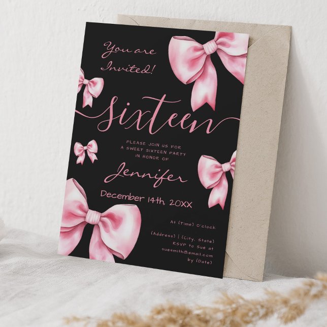 Coquette Blush Pink Bow Sweet 16 Party Schwarz Einladung (Coquette Blush Pink Bow Sweet 16 Party Black Invitation)