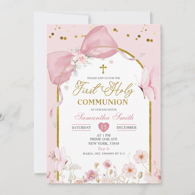 Coquette Blush Pink Butterfly First Holy Communion Einladung (Vorderseite)
