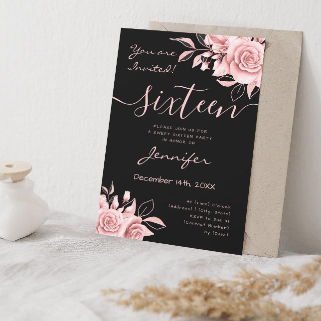 Coquette Blush Pink Sweet 16 Floral Black Einladung (Coquette Blush Pink Sweet 16 Floral Black Invitation)