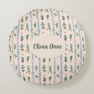 Coquette Botanical Pink Bow Custom Name Nursery Rundes Kissen