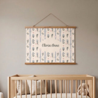 Coquette Botanical Pink Bow Custom Name Nursery Wandteppich Mit Holzrahmen