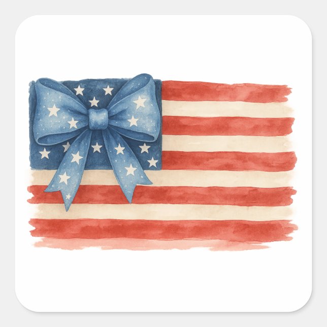 Coquette Bow American Flag Wasserfarbe 4. Juli Quadratischer Aufkleber (Vorderseite)