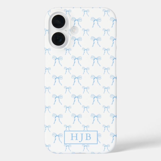 Coquette Bow Blue Monogram Initial iPhone 16 Fall Hülle (Rückseite)
