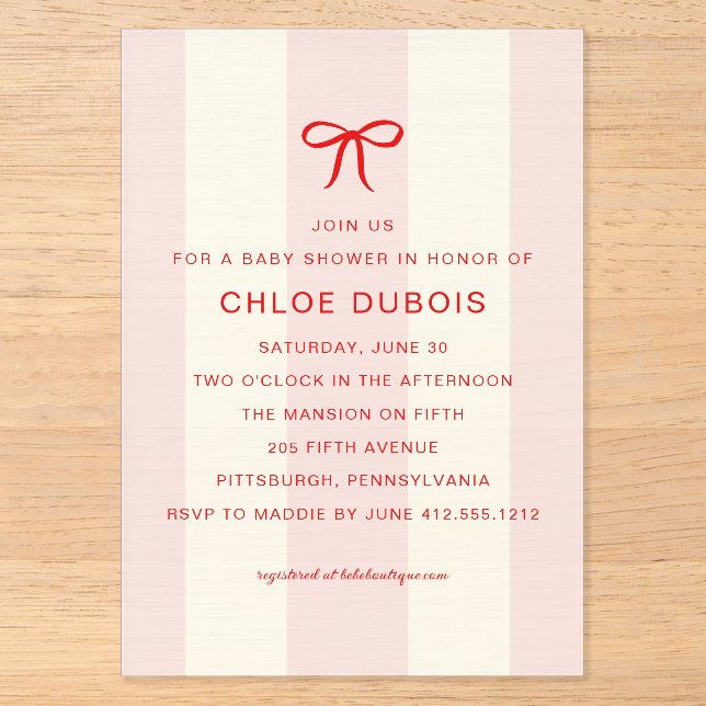  Coquette Bow Blush Pink Striped Baby Shower  Acryleinladungen (Vorderseite)