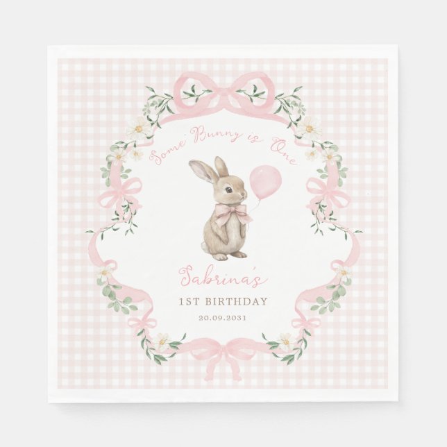 Coquette Bow Bunny Pink Gingham 1st Birthday Serviette (Vorderseite)