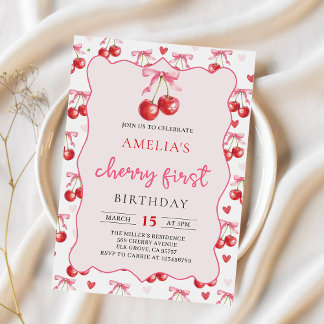 Coquette Bow Cherry Erster 1. Geburtstag Einladung