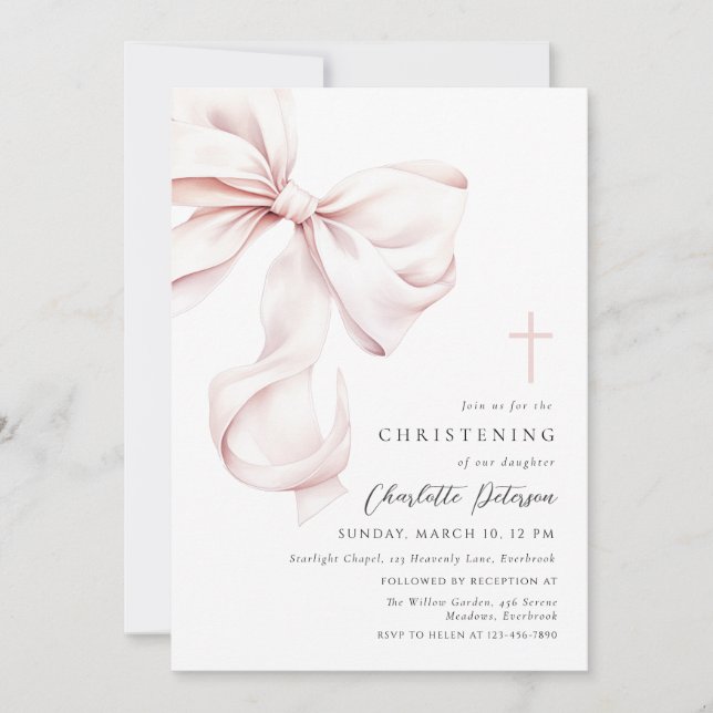 Coquette Bow Christening Invitation Einladung (Vorderseite)