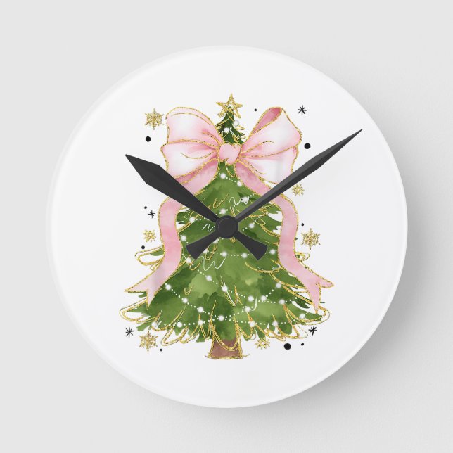 Coquette Bow Christmas Tree Holiday Giro Outfit W Runde Wanduhr (Vorderseite)