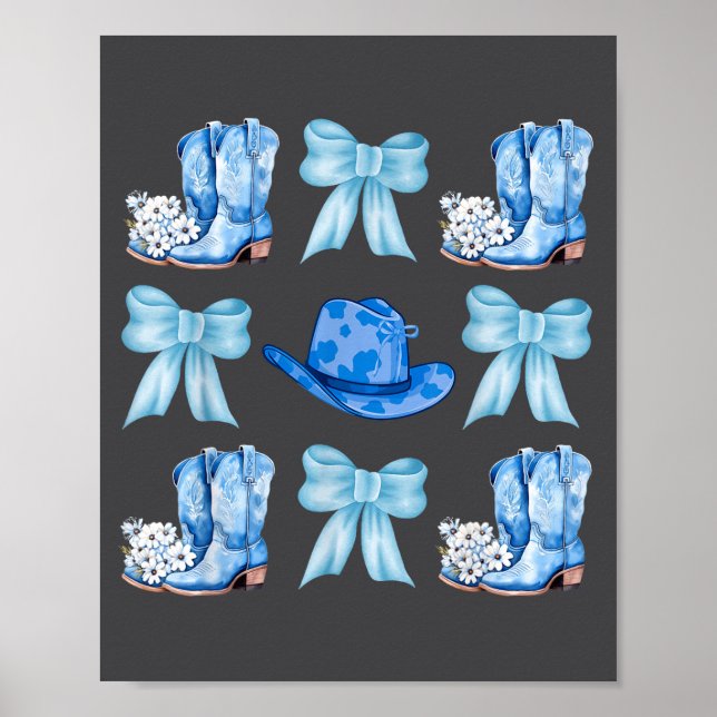 Coquette Bow Cowgirl Boots Blue Bows Hat Western R Poster (Vorne)