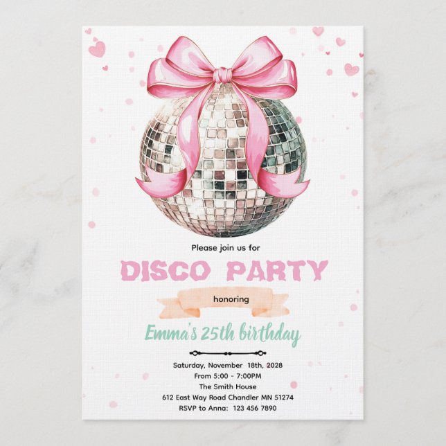 Coquette Bow Disco Party Invitation Einladung (Vorderseite)