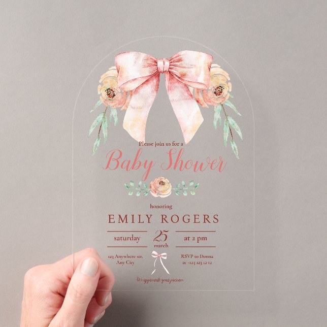 Coquette Bow Floral Baby Dusche Acryleinladungen (Insitu (Handheld))