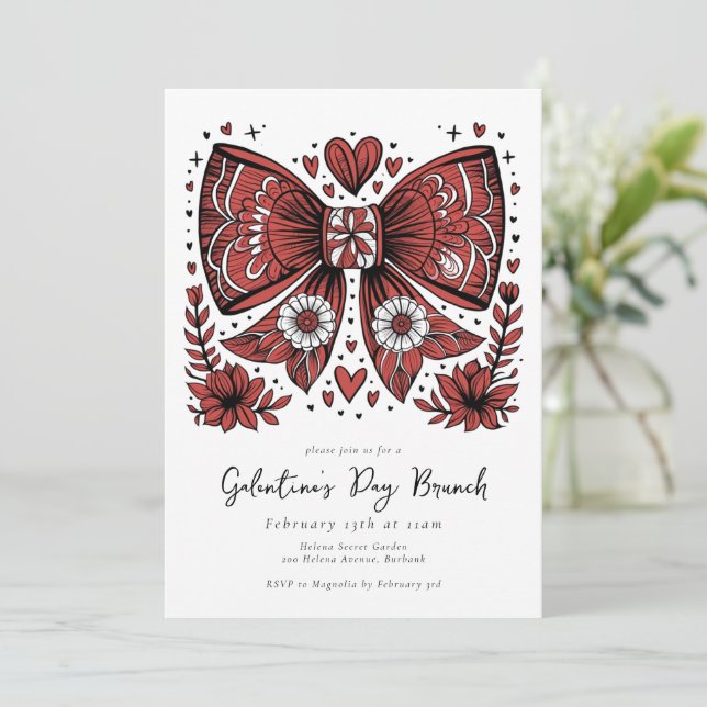 Coquette Bow Galentine's Day Brunch Einladung (Stehend Vorderseite)