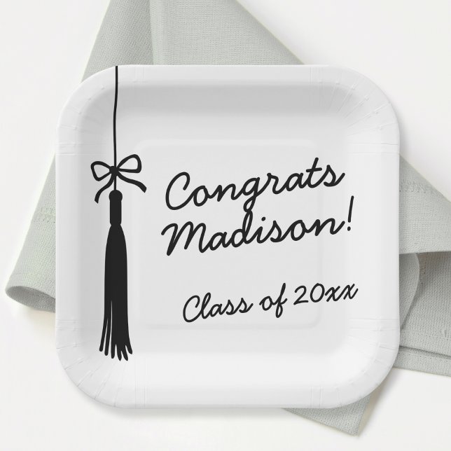 Coquette Bow Grad Tassel Black & White Graduation Pappteller (Coquette Bow Grad Tassel Black & White Graduation Paper Plates)