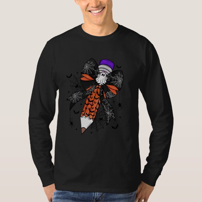 Coquette Bow Pencil Funny Ghost Spooky Lehrer Hal T-Shirt (Vorderseite)