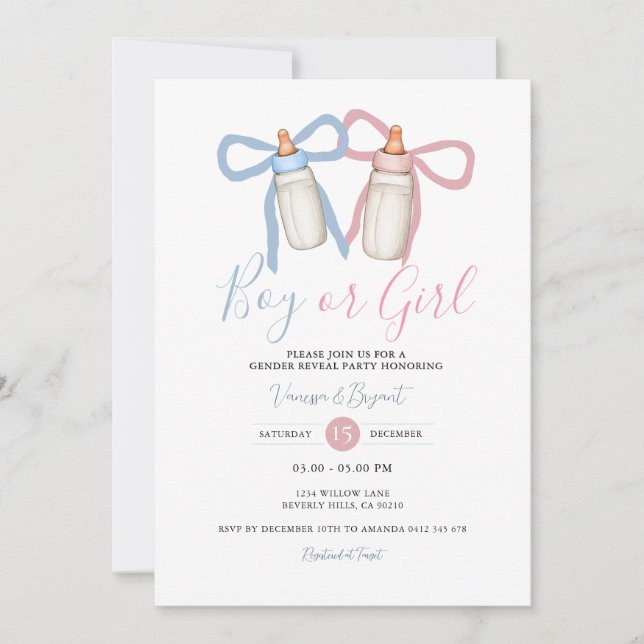 Coquette Bow Pink Blue Ribbon Gender Reveal Einladung (Vorderseite)