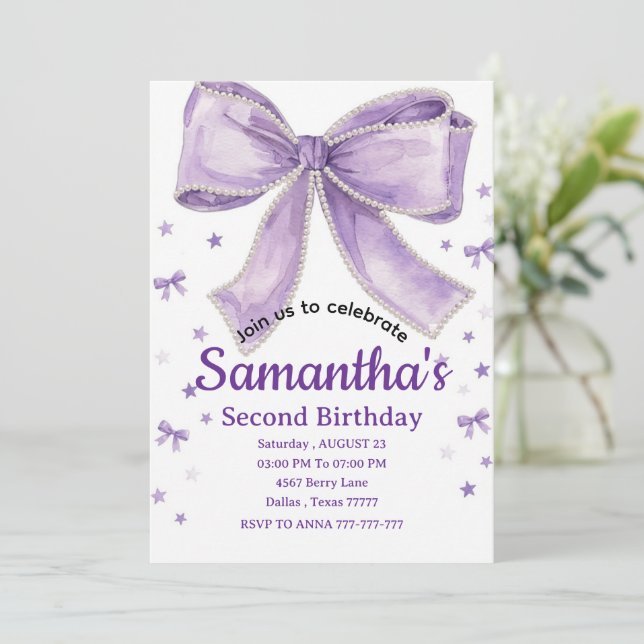 Coquette Bow Purple Birthday Party Invitation Einladung (Stehend Vorderseite)